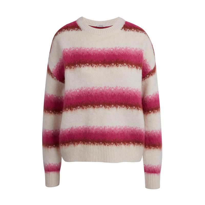 Rózsaszín és krémszínű női csíkos kardigán gyapjúkeverékkel