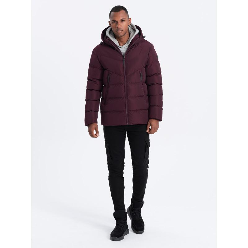 Pánska zimná bunda s neobvyklým prešívaním bordová V5 OM-JAHP-0127