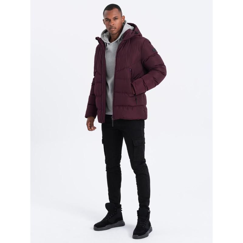 Pánska zimná bunda s neobvyklým prešívaním bordová V5 OM-JAHP-0127