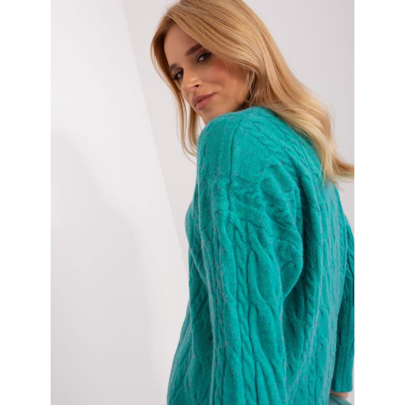 Dámský svetr s kostkovaným vzorem a kulatým výstřihem ELI tyrkysový 