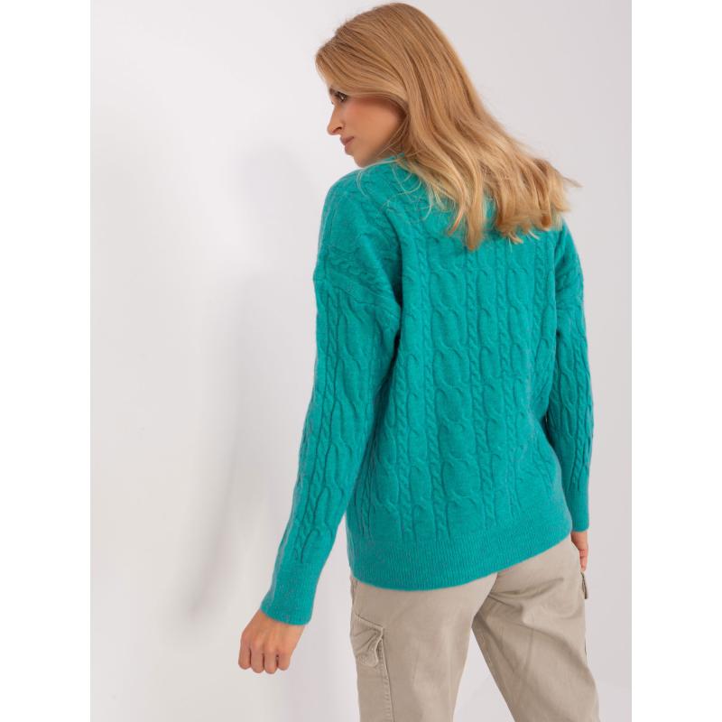 Dámský svetr s kostkovaným vzorem a kulatým výstřihem ELI tyrkysový 