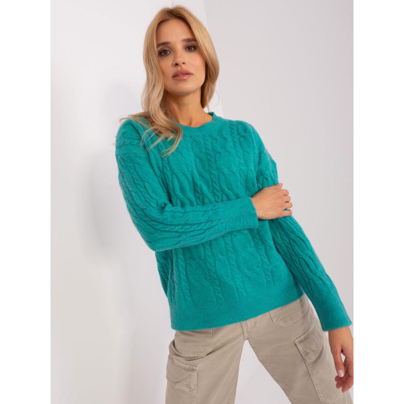 Dámský svetr s kostkovaným vzorem a kulatým výstřihem ELI tyrkysový 