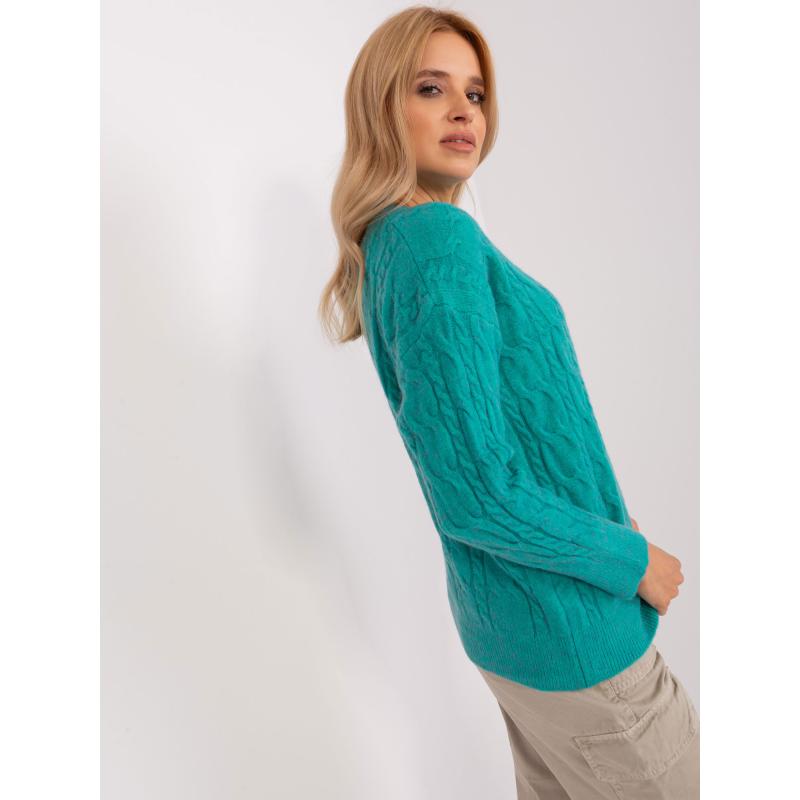 Dámský svetr s kostkovaným vzorem a kulatým výstřihem ELI tyrkysový 