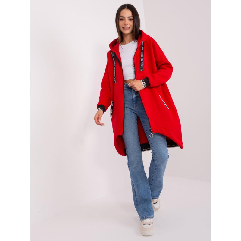 Női kapucnis pulóver hosszú cipzárral és ANYSU felirattal piros színű