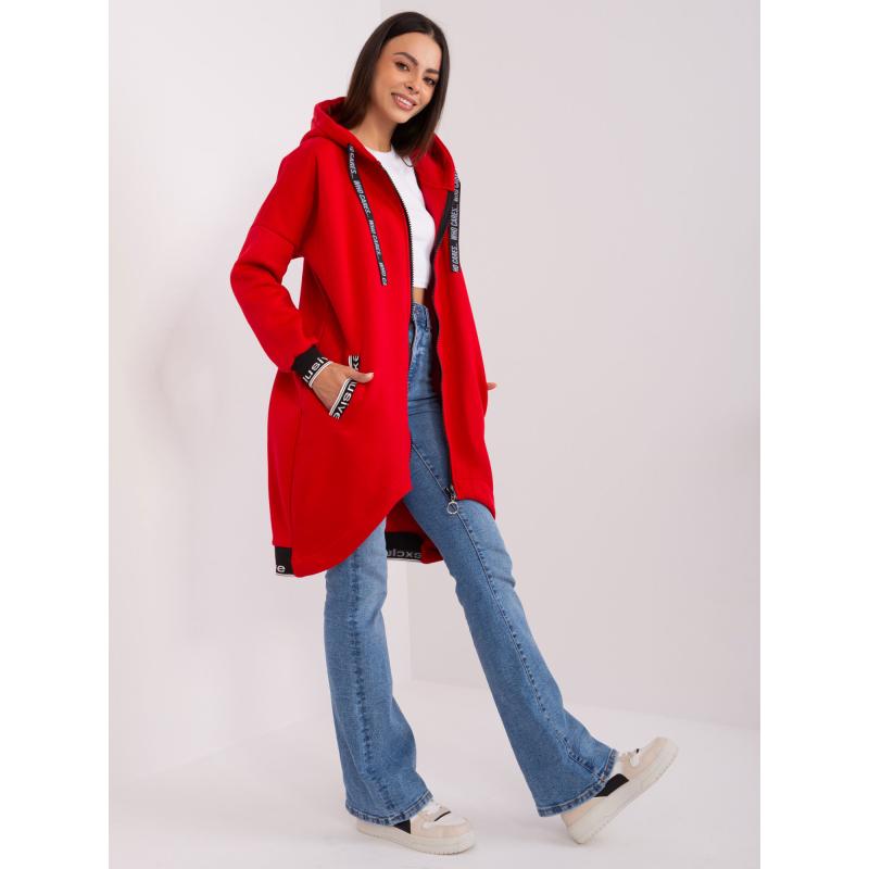 Női kapucnis pulóver hosszú cipzárral és ANYSU felirattal piros színű