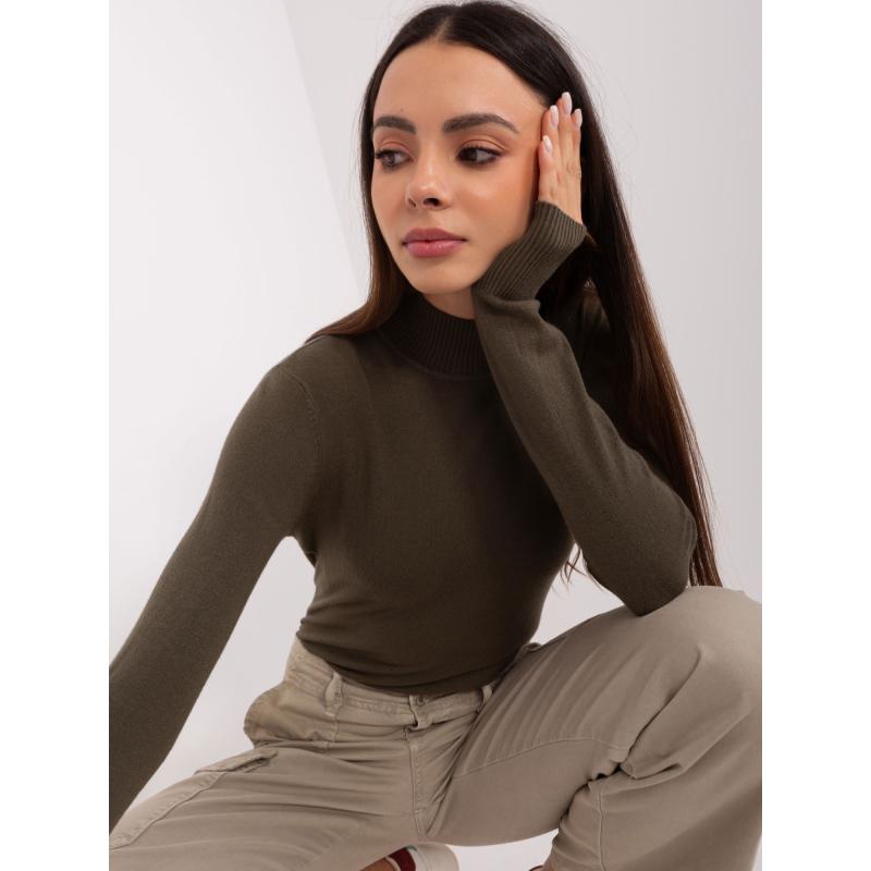 CUY női bordázott garbó pulóver khaki színben