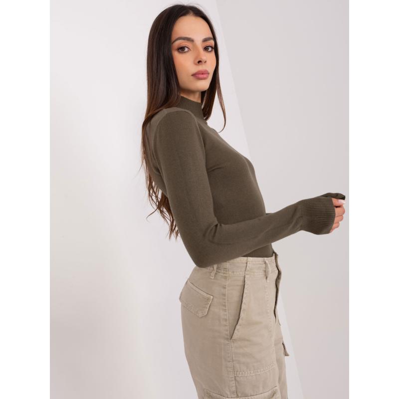 CUY női bordázott garbó pulóver khaki színben