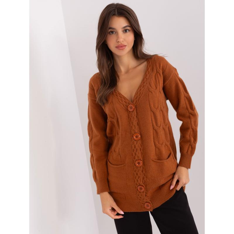 Dámsky sveter bez gombíkov s vreckami XITA svetlohnedý