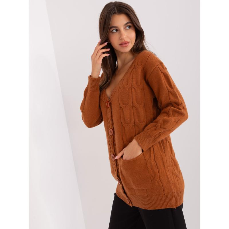 Dámsky sveter bez gombíkov s vreckami XITA svetlohnedý