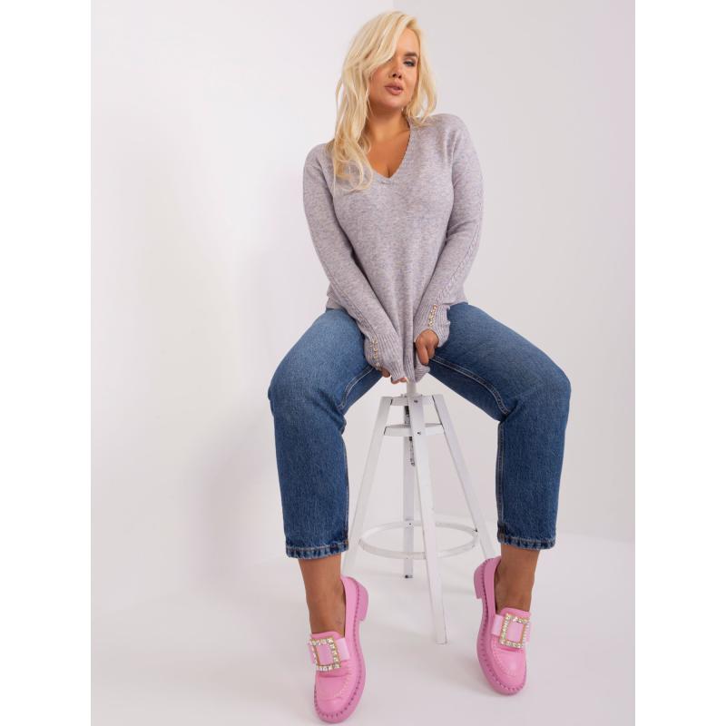 Dámský svetr s výstřihem do V plus size DYN šedý  