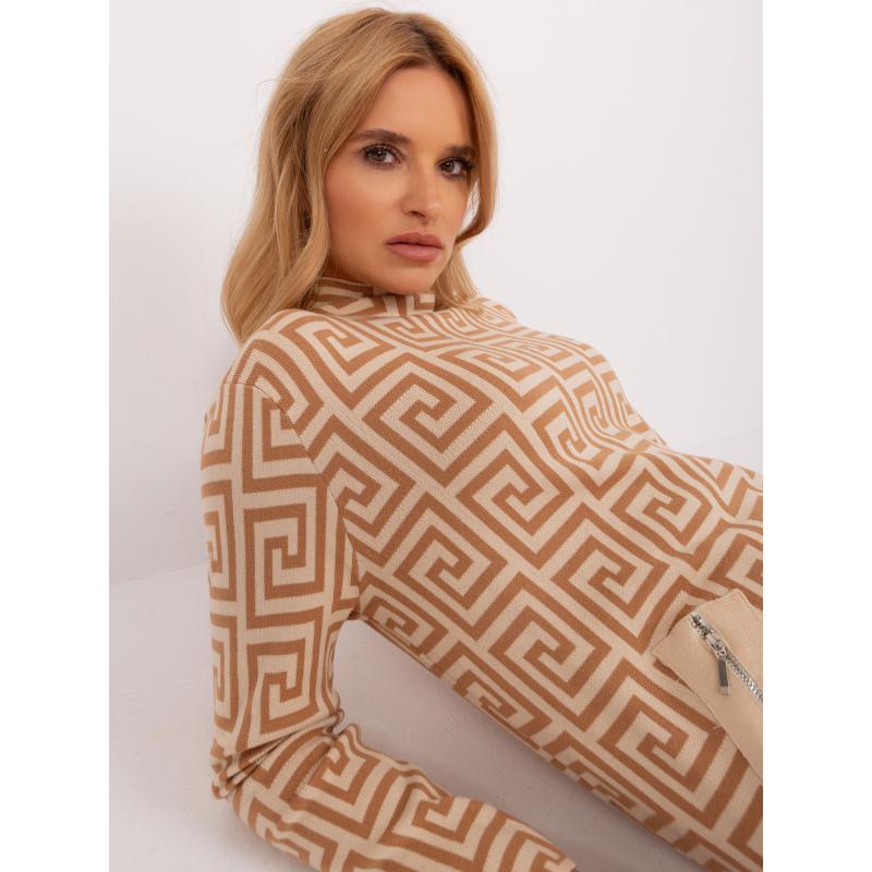 Dámský svetr s půl rolákem PHETIN hnědý a béžový 