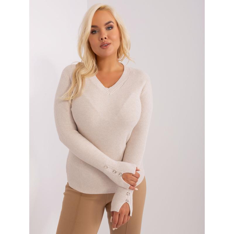 Dámský svetr s výstřihem do V plus size ISTAI světle béžový 