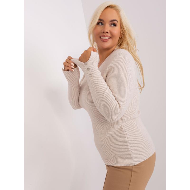 Dámský svetr s výstřihem do V plus size ISTAI světle béžový 