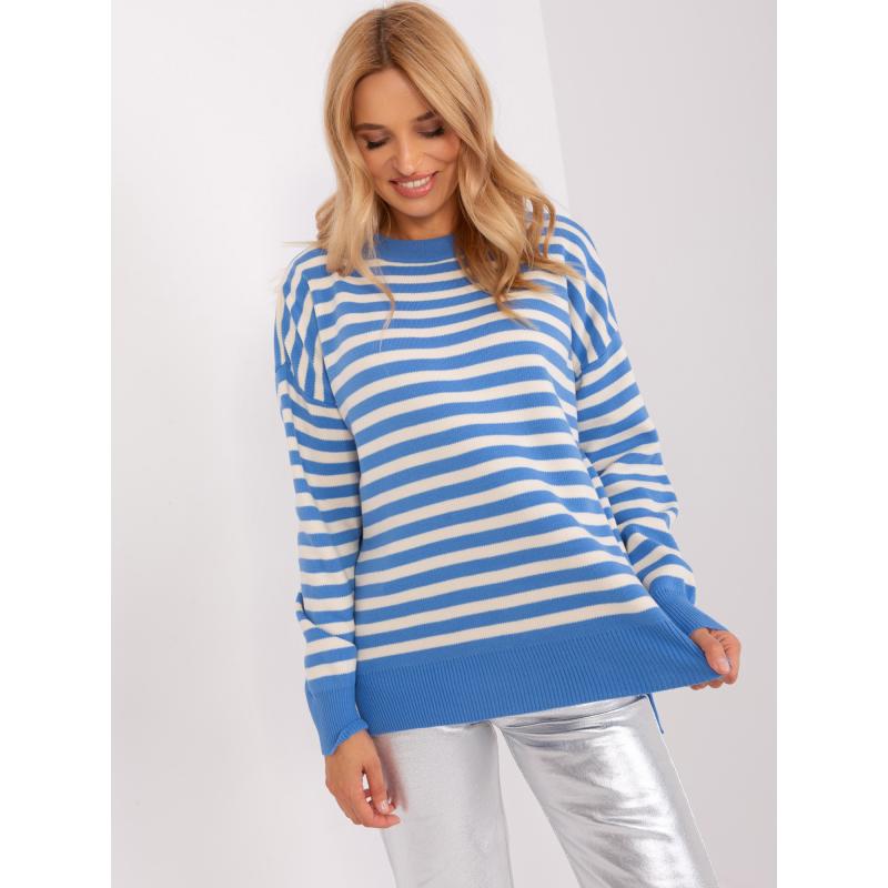 Női plus size pulóver csíkokkal TAN kék és ekrü színben