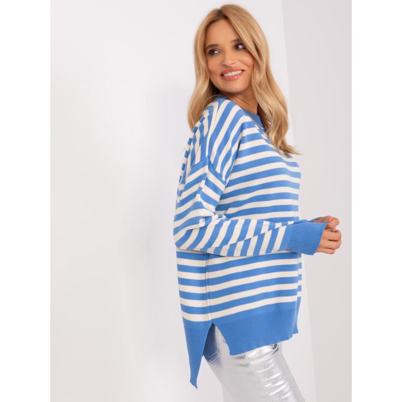 Női plus size pulóver csíkokkal TAN kék és ekrü színben
