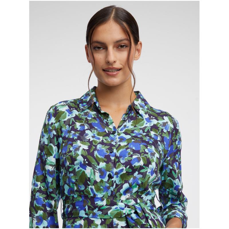 Zeleno-modré dámske košeľové šaty s kvetmi