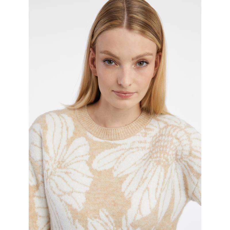 Bílo-béžový dámský květovaný svetr