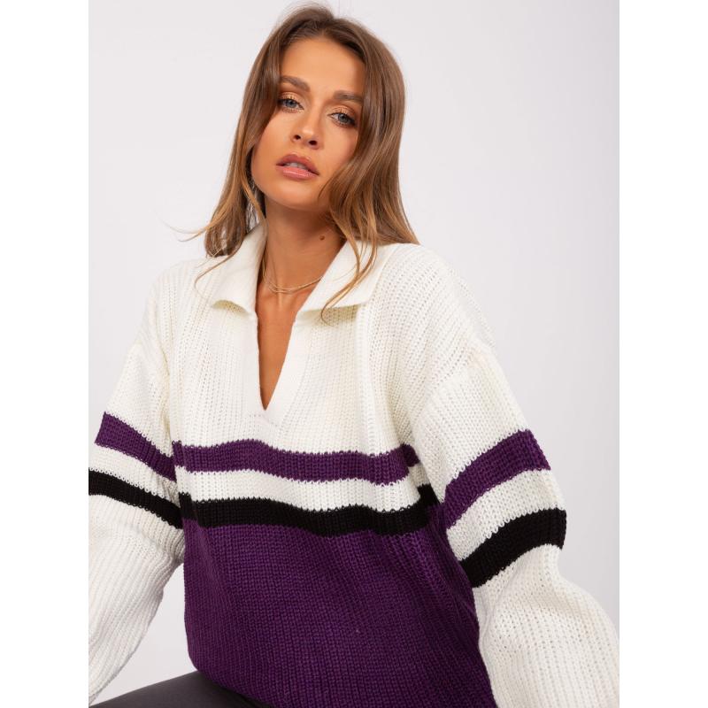 Dámský svetr s límečkem oversize UTINI ecru fialový 
