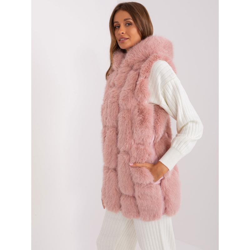 Dámská vesta s kapucí kožešinová lorr světle růžová  