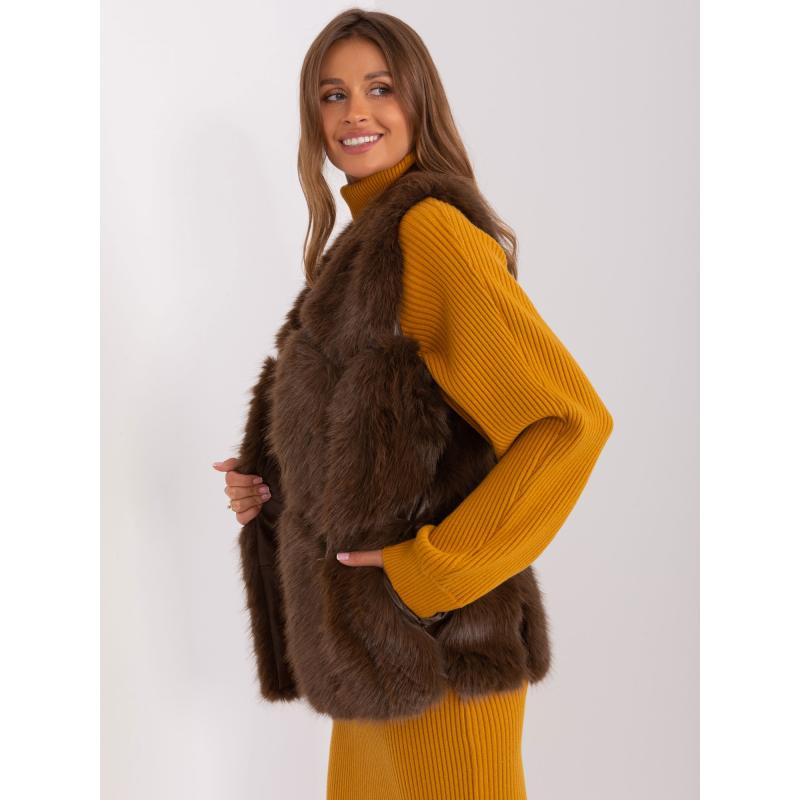 Dámská vesta s kapsami kožešinová NALS tmavě hnědá  