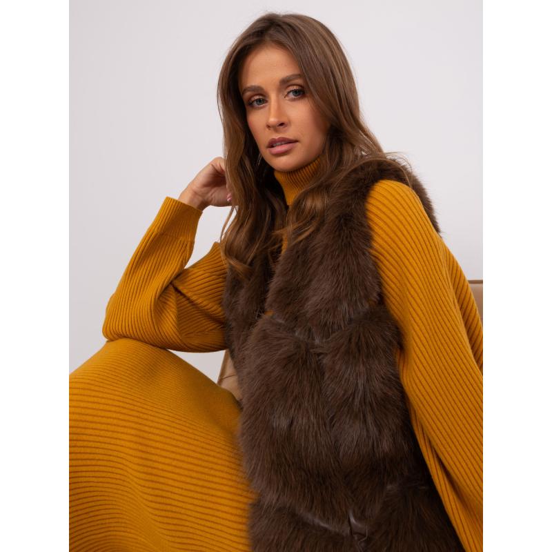 Dámská vesta s kapsami kožešinová NALS tmavě hnědá  