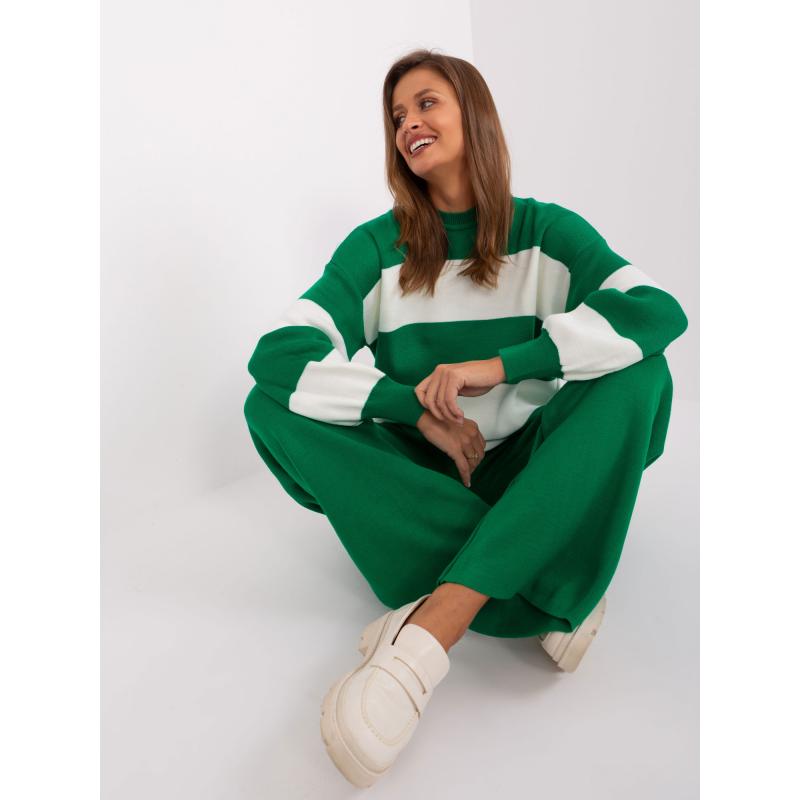 Női oversize pulóver széles csíkokkal SWOZ zöld és ekrü színű