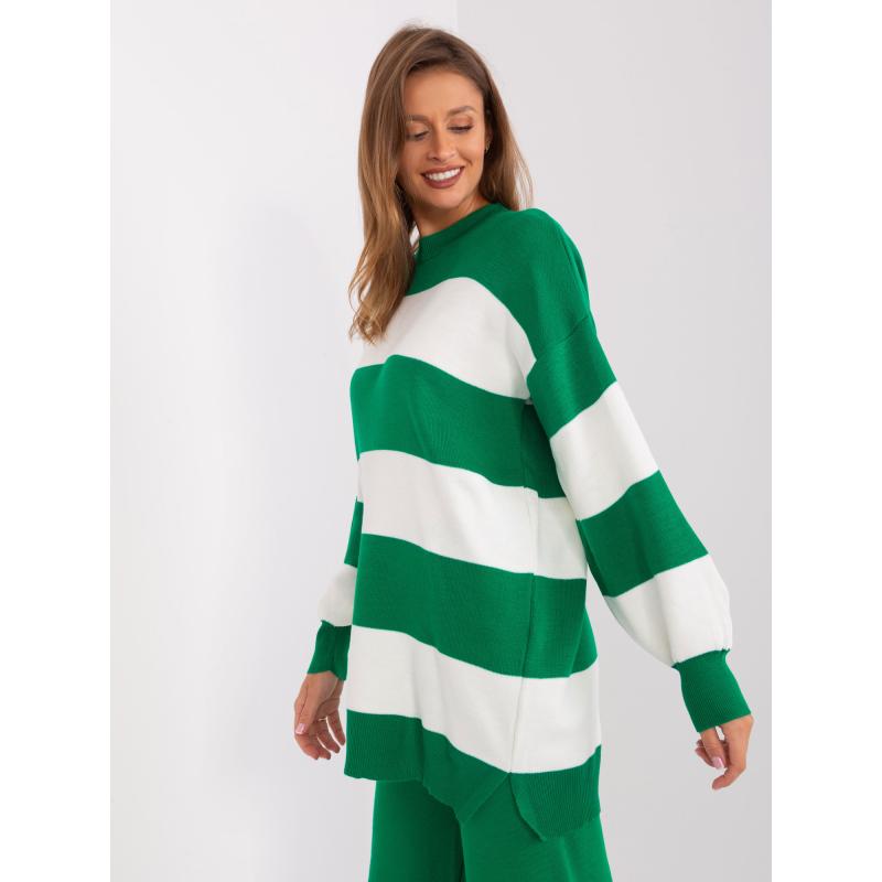 Dámský svetr se širokými pruhy oversize SWOZ zelený a ecru 