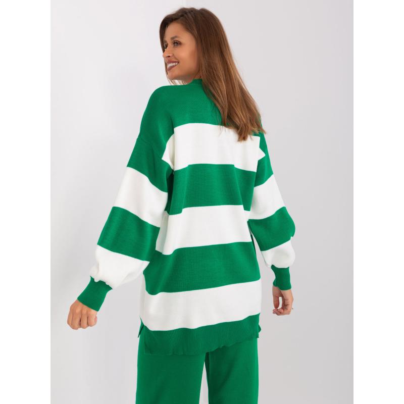 Dámský svetr se širokými pruhy oversize SWOZ zelený a ecru 
