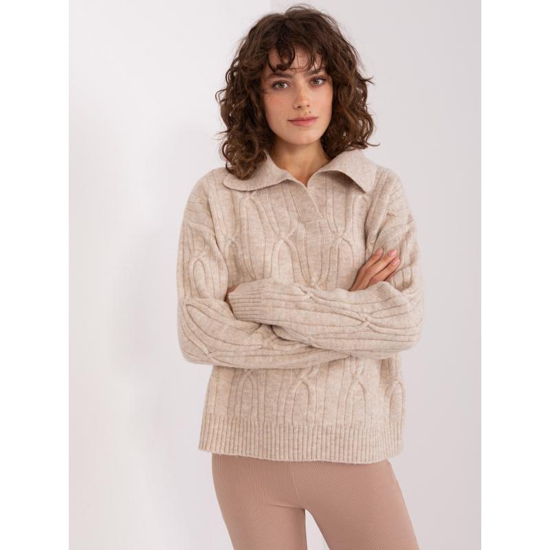 Női pulóver kockás gallérral POLGH bézs színű