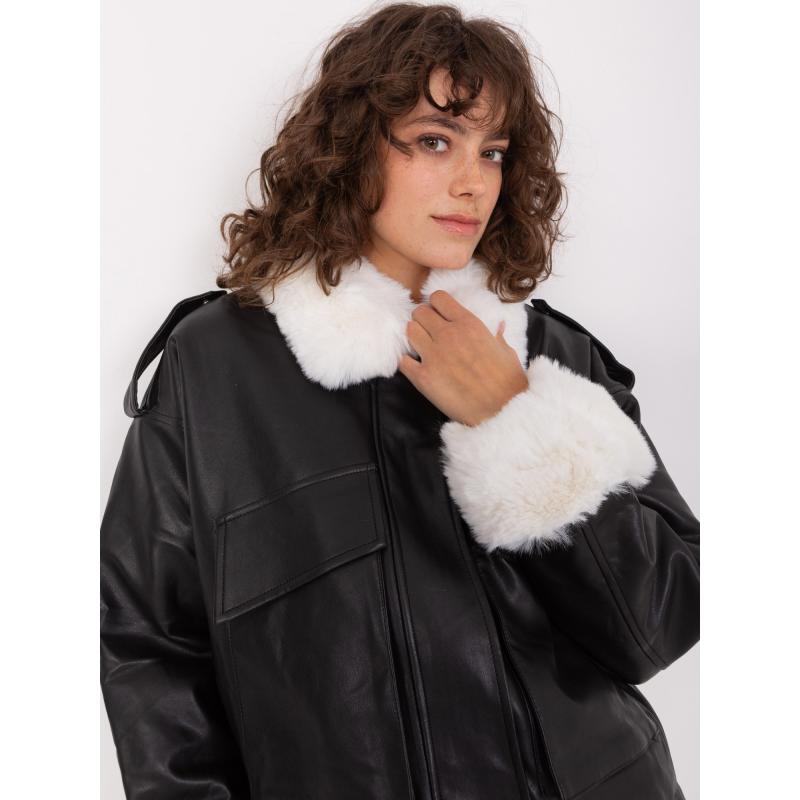 Női kabát THERM fekete-fehér díszes szőrmével