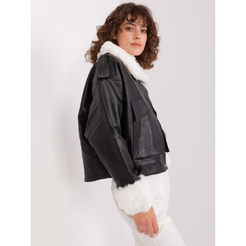 Női kabát THERM fekete-fehér díszes szőrmével