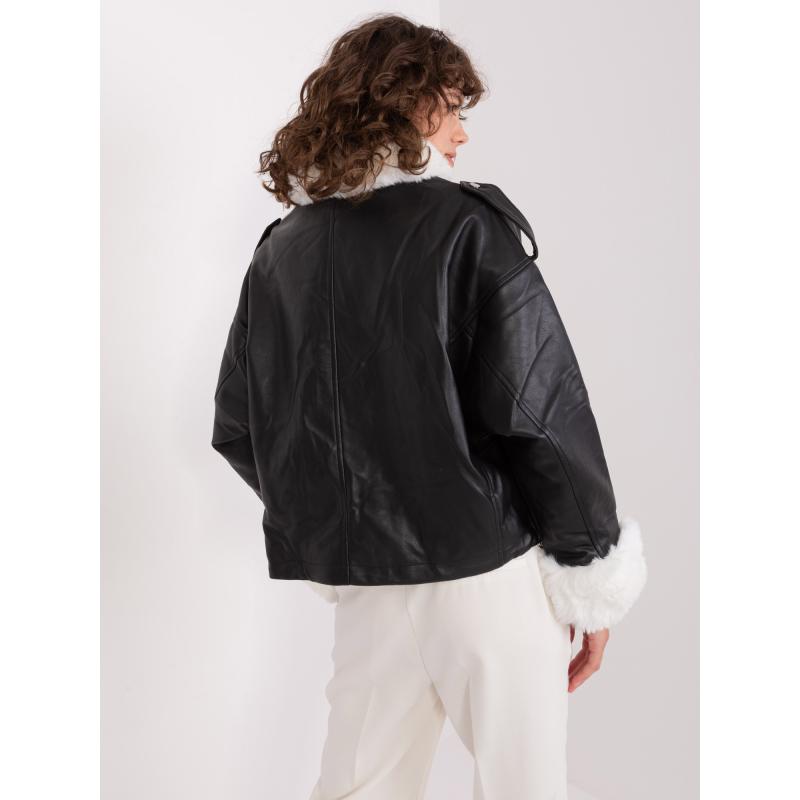 Női kabát THERM fekete-fehér díszes szőrmével