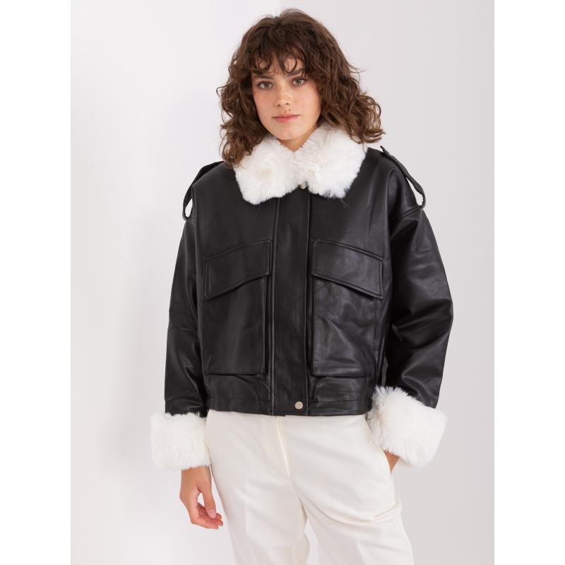 Női kabát THERM fekete-fehér díszes szőrmével