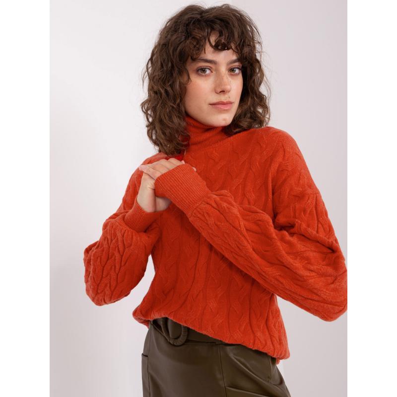 Dámsky sveter s rolákom a károvaným vzorom UQA oranžová