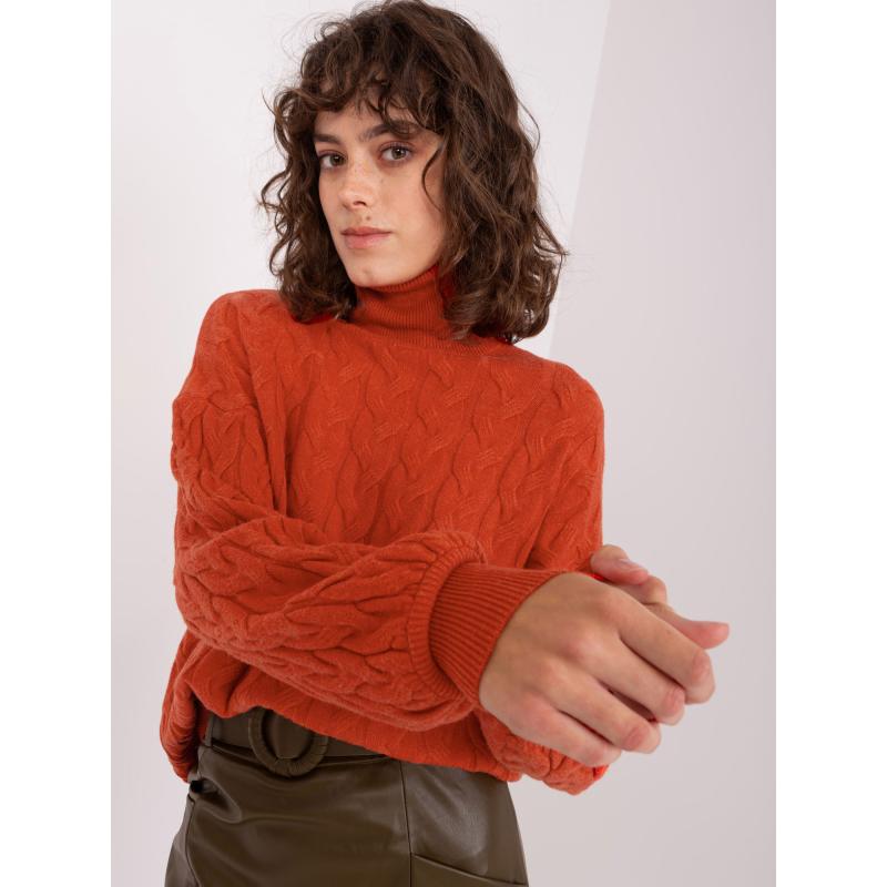 Dámský svetr s rolákem a kostkovaným vzorem UQA oranžový 
