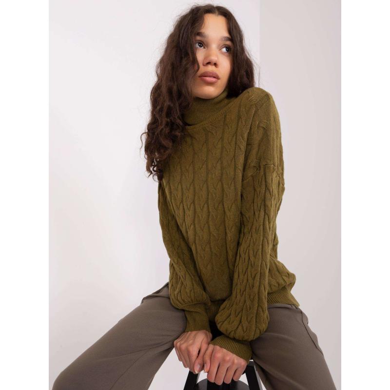 Női garbós pulóver bordás szegéllyel YLA khaki színű