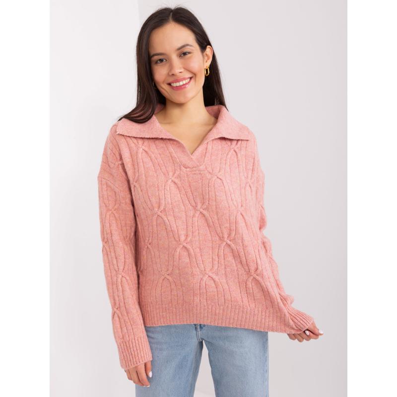 Dámský svetr s límečkem kostkovaný SMA růžový  