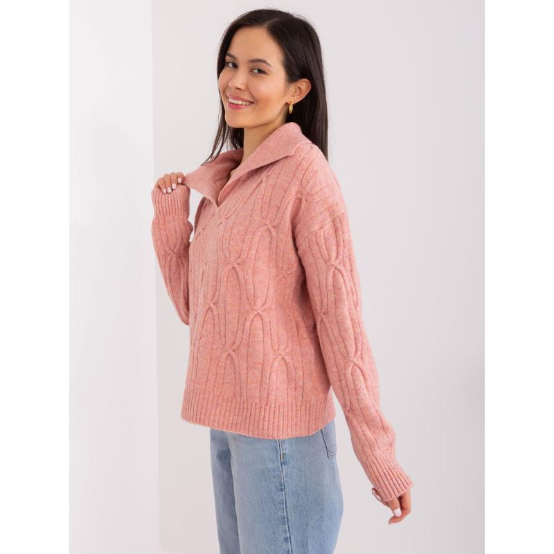 Dámský svetr s límečkem kostkovaný SMA růžový  