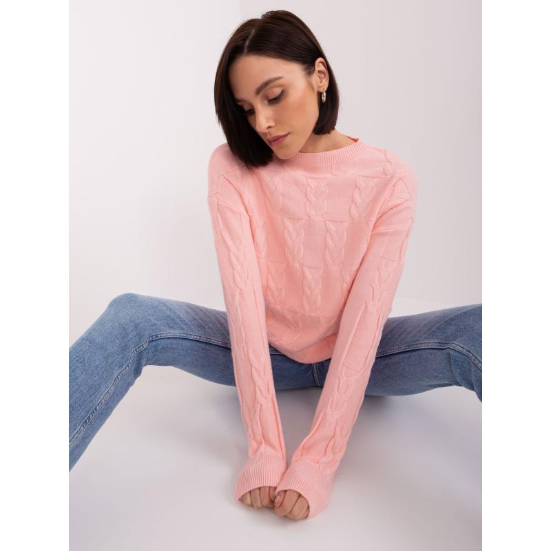Női kerek nyakú pulóver kockás ALICA világos rózsaszín