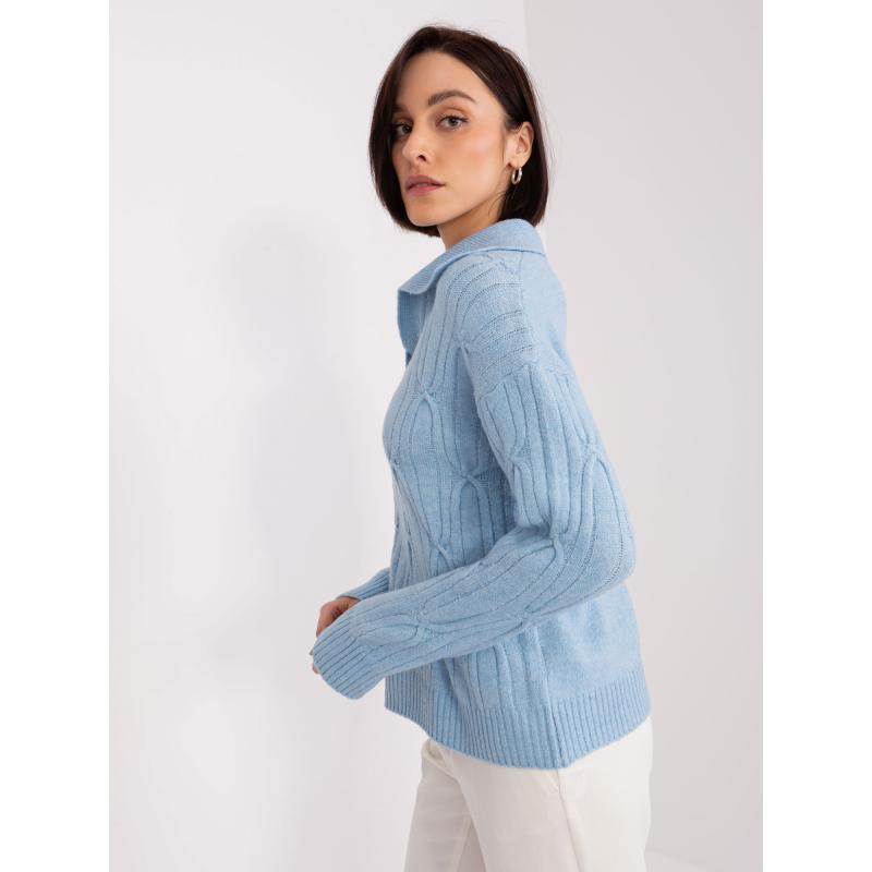 Světle modrý Dámský svetr s kostkovaným vzorem a límcem