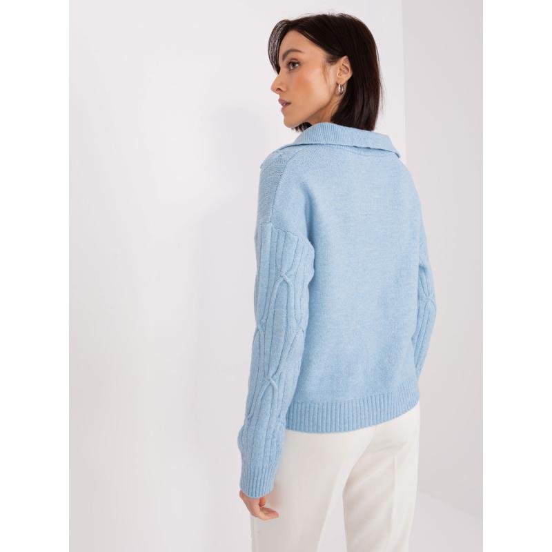 Světle modrý Dámský svetr s kostkovaným vzorem a límcem
