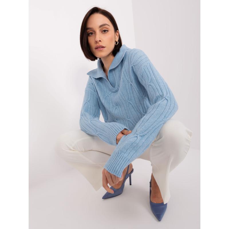 Světle modrý Dámský svetr s kostkovaným vzorem a límcem