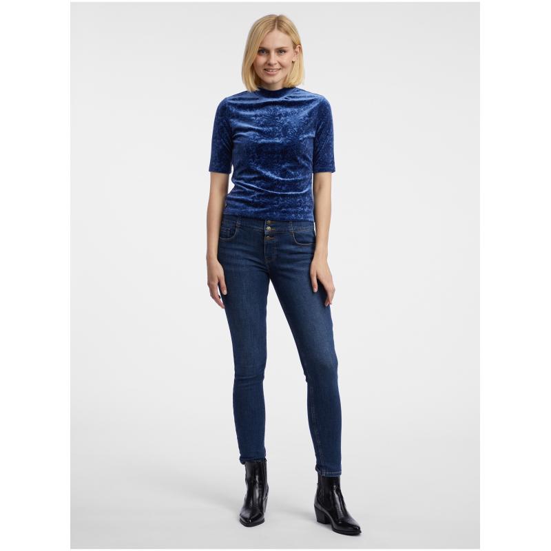 Sötétkék női mintás bársony felső