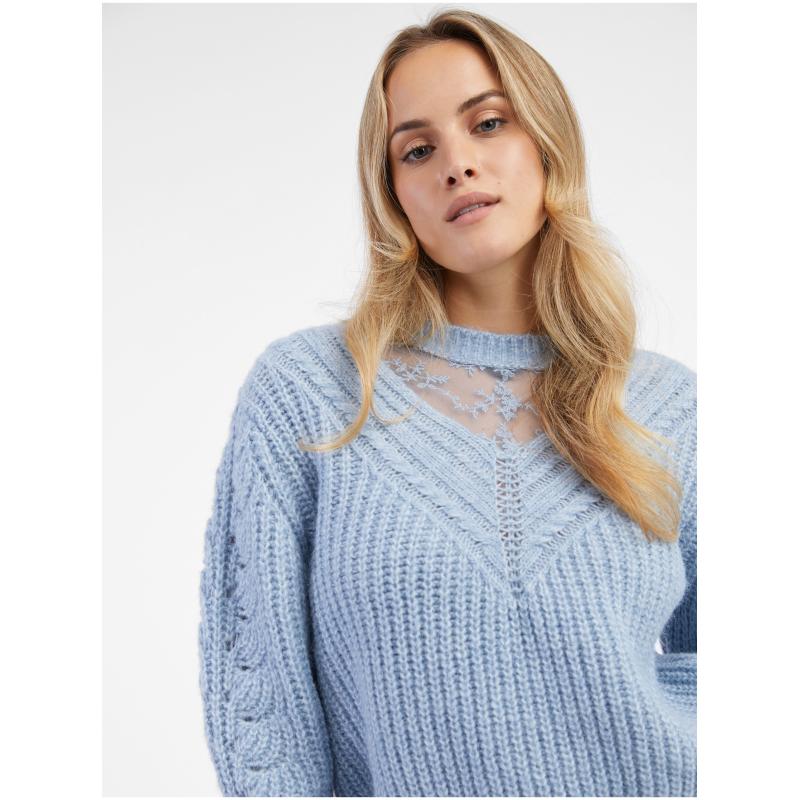 Světle modrý dámský svetr s krajkou