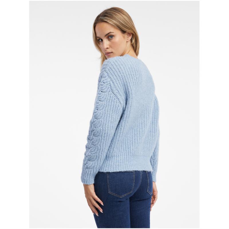 Světle modrý dámský svetr s krajkou
