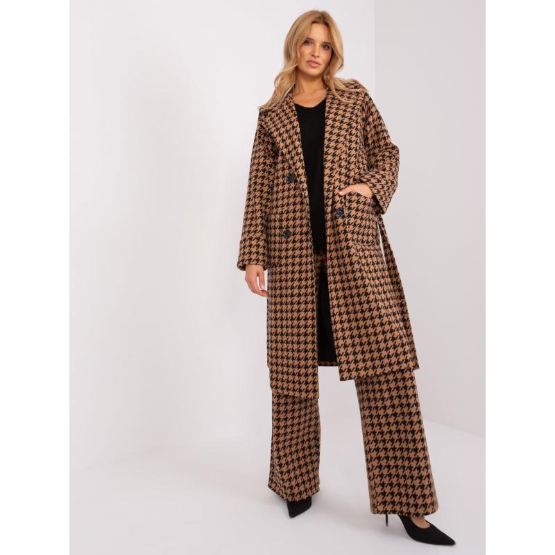 Dámský kabát s páskem ANATOLA hnědý a černý