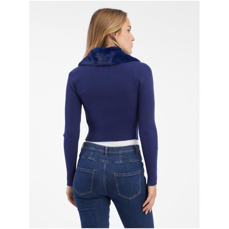 Modrý dámsky sveter z umelej kožušiny