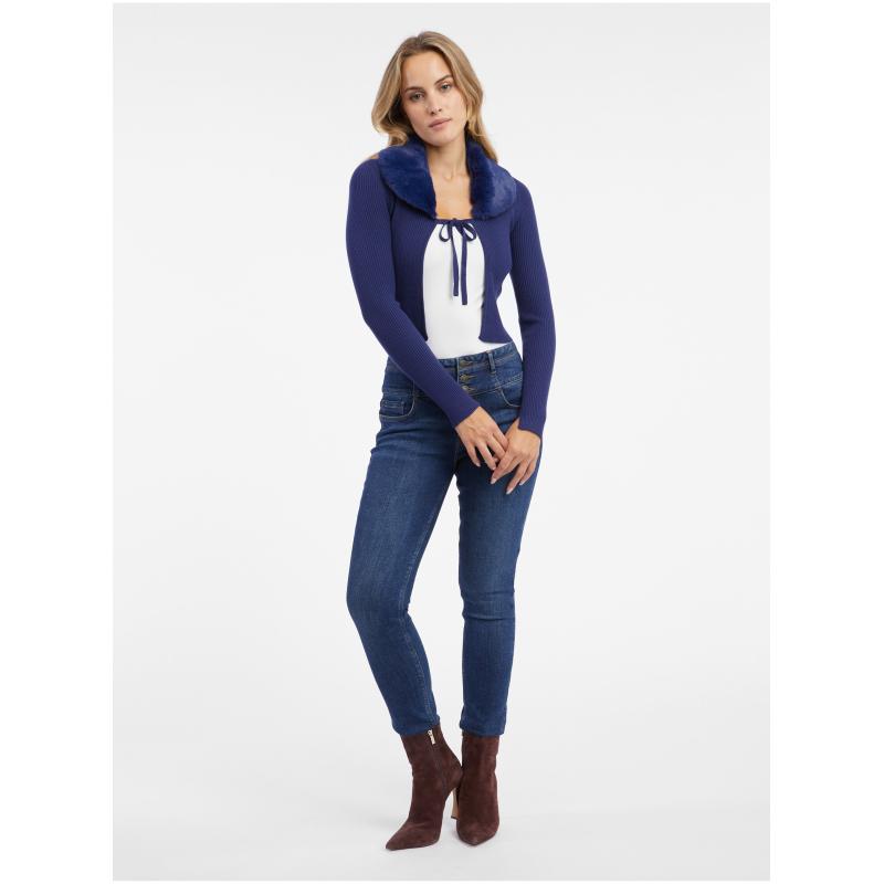 Modrý dámsky sveter z umelej kožušiny