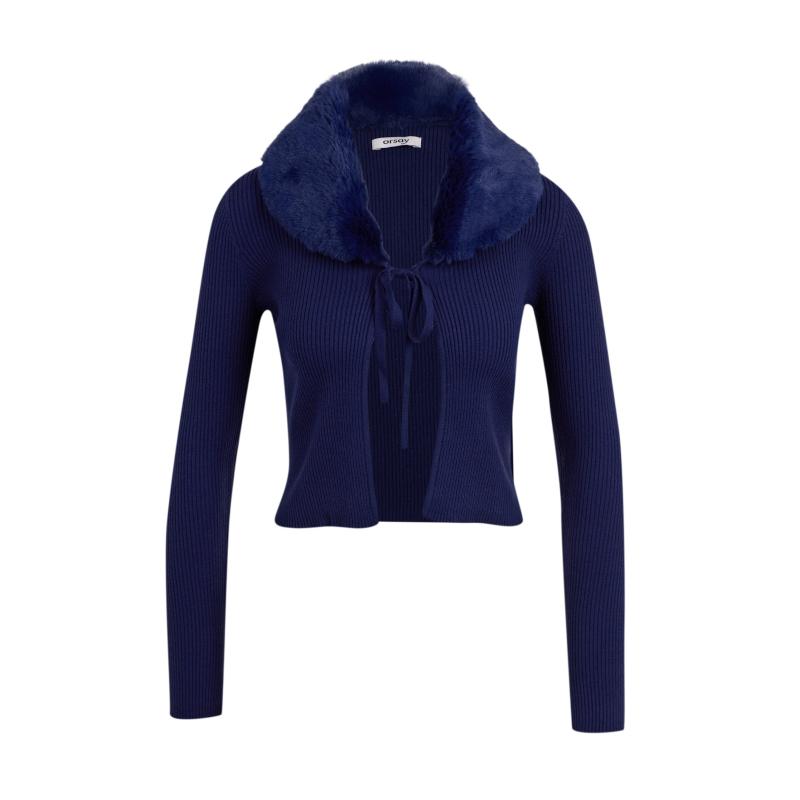 Modrý dámsky sveter z umelej kožušiny