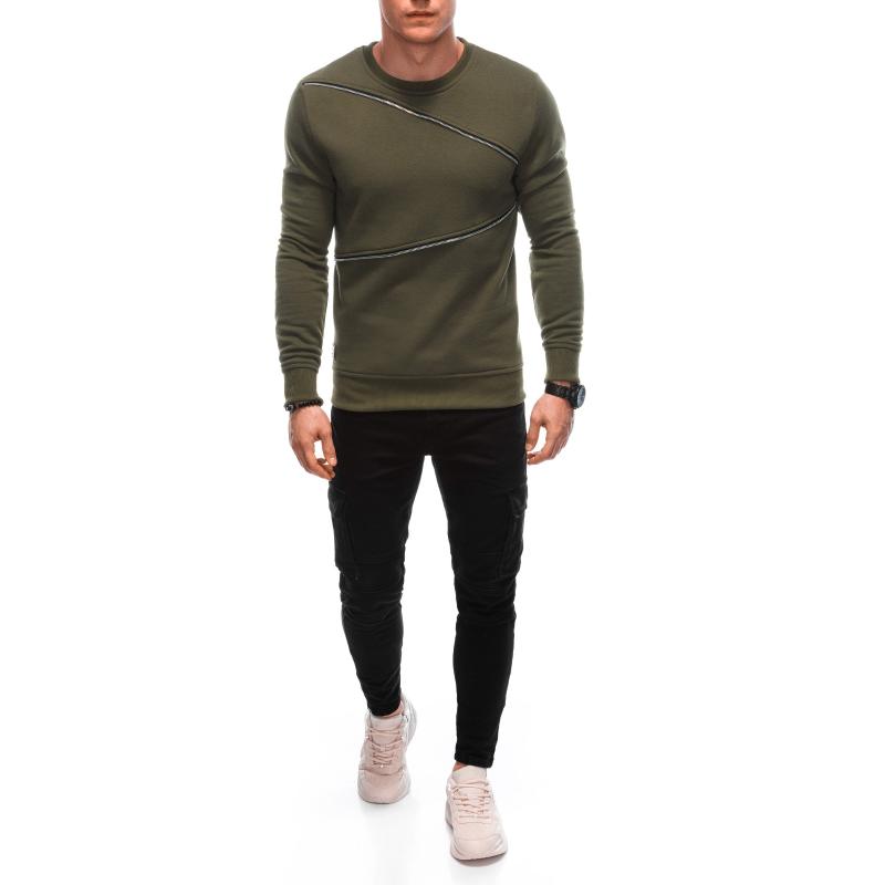 Férfi melegítőfelső díszes cipzárral OM-SSNZ-22FW-005 sötét olívazöld